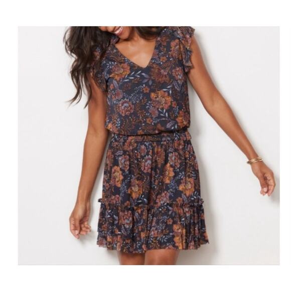 Evereve Tinslee Mesh Floral Ruffled Top Mini Skirt 2 PC Set Dark Fairy, XL - Picture 2 of 9